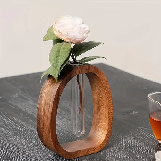 Hydrokultur-Vase mit Glaskolben & Walnussholz – Mini-Deko-Blumentopf - Littlefarmerrs23
