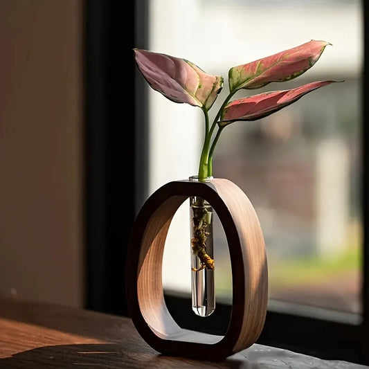 Hydrokultur-Vase mit Glaskolben & Walnussholz – Mini-Deko-Blumentopf - Littlefarmerrs23