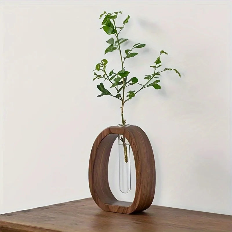 Hydrokultur-Vase mit Glaskolben & Walnussholz – Mini-Deko-Blumentopf - Littlefarmerrs23
